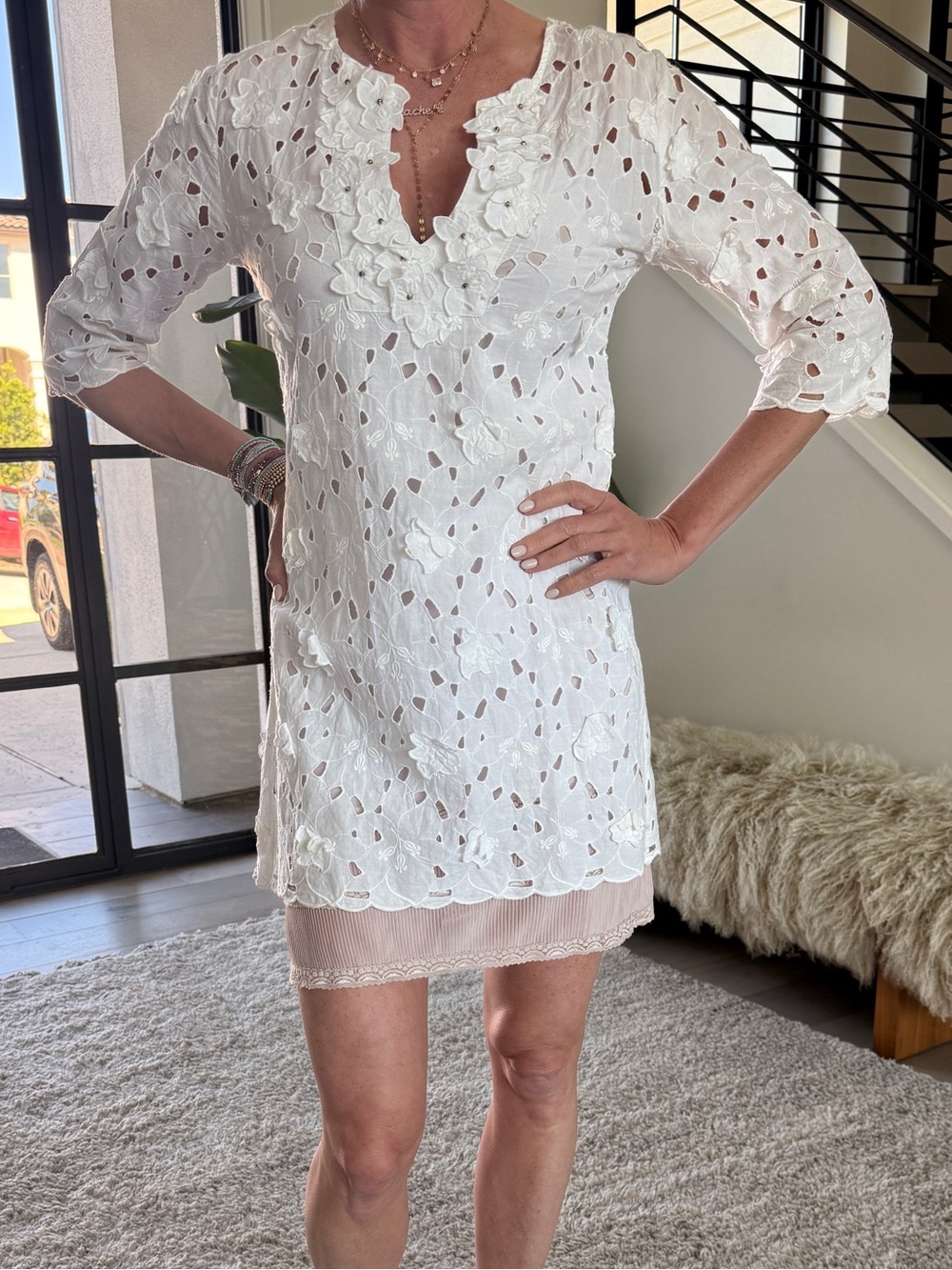 White Floral Eyelet Tunic Dress with under slip